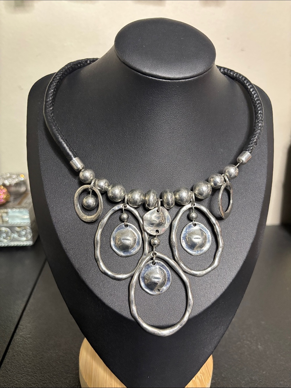 Handcrafted Silver-Tone Hammered Dangle Statement Necklace - Black Cord Choker